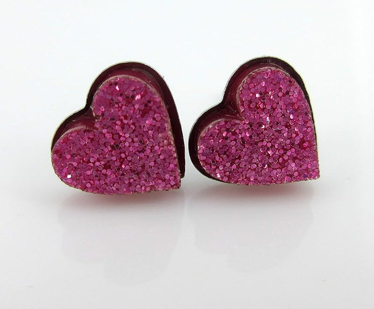 Summerfield Collection Stainless Steel Glitter Acrylic Heart Stud Earrings 8mm (Hot Pink)