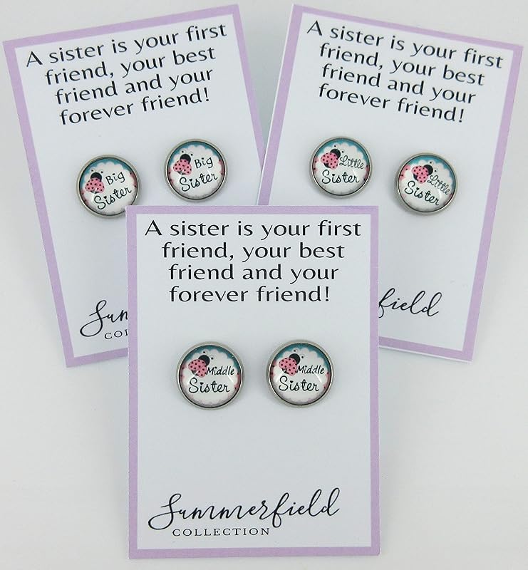 Summerfield Collection Stainless Steel Sister Print Glass Stud Earrings 12mm (Middle Sister)