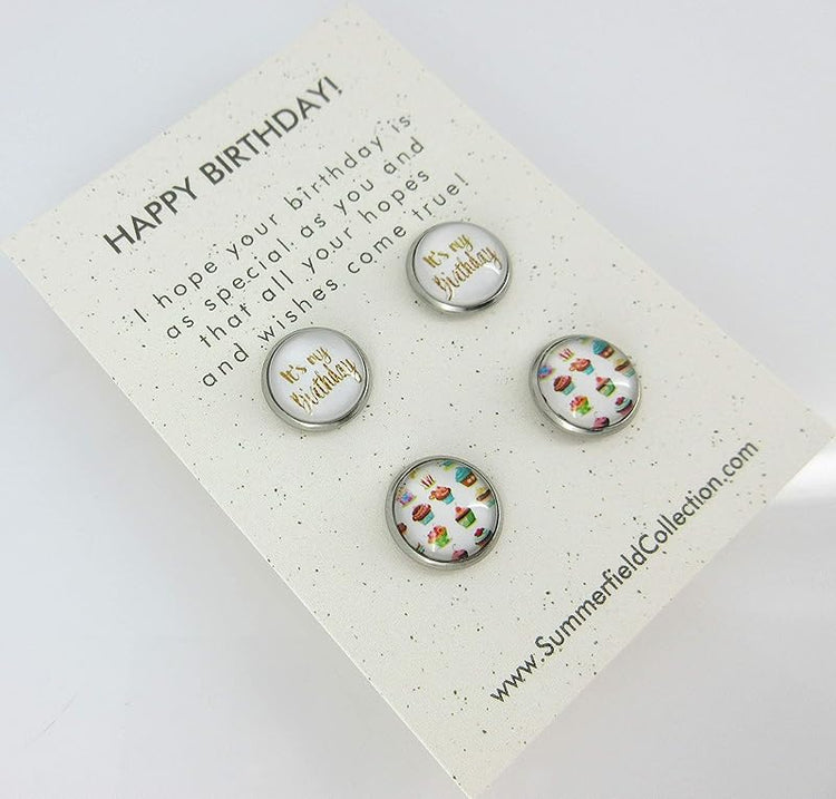 Summerfield Collection Duo Stud Earrings Stainless Steel Happy Birthday and Cupcake Print Glass 12mm Set