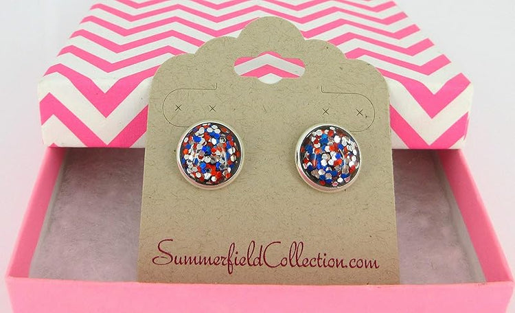 Summerfield Collection Silver-tone Patriotic Glitter Resin Stud Earrings Red Blue USA (12mm)