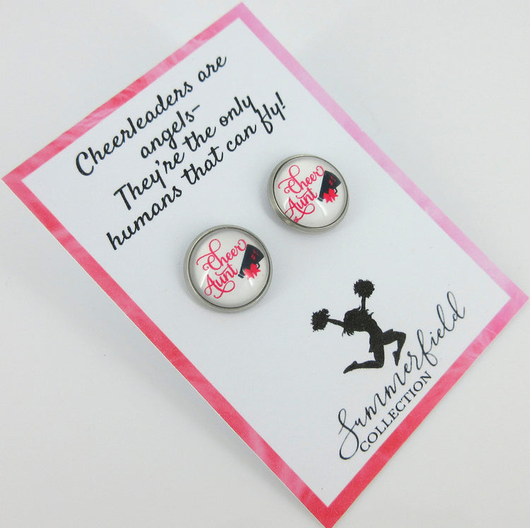 Stainless Steel Cheer Printed Glass Stud Earrings 12mm (Cheer Aunt)