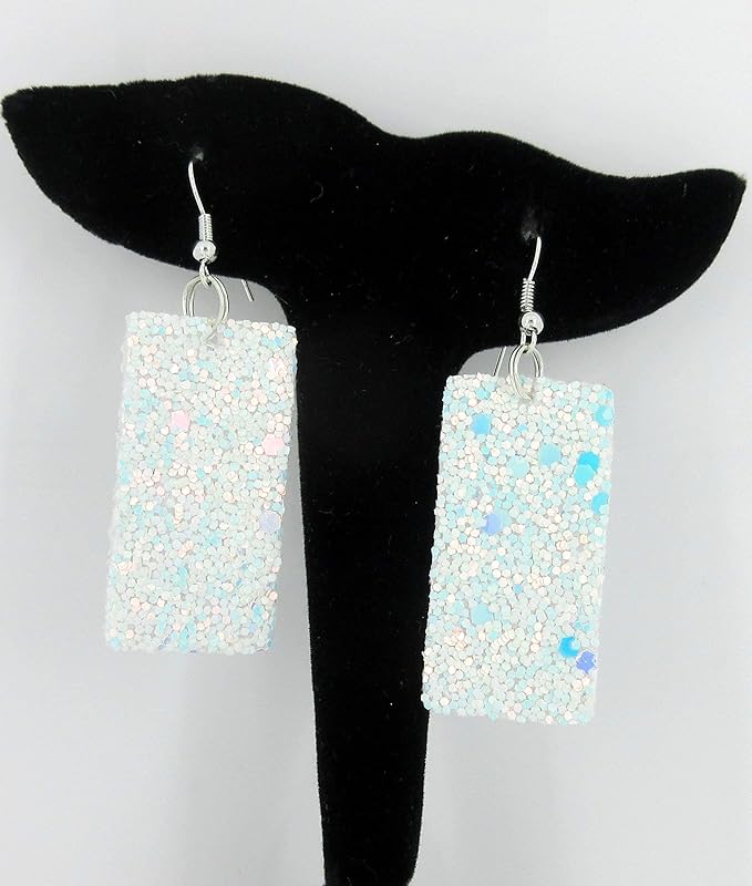 Summerfield Collection Silver-tone Glitter Faux Leather Large Rectangle Dangle Earrings (White)