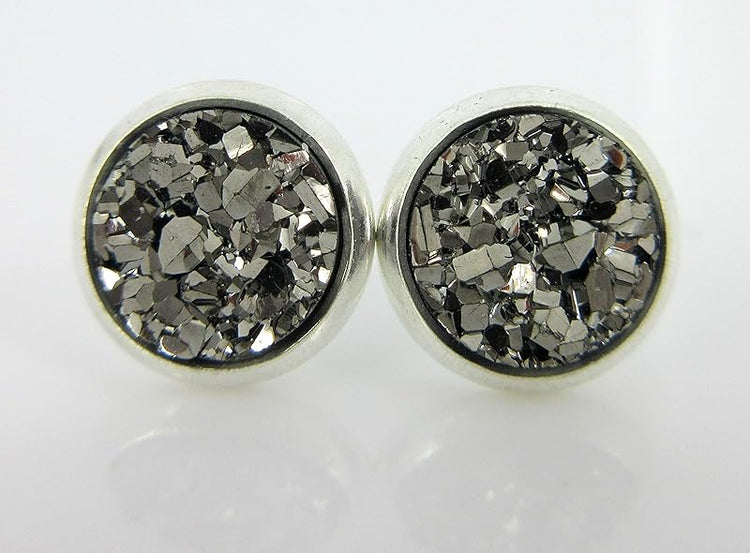 Summerfield Collection Duo Silver-tone Faux Druzy Stone Stud Earrings 8mm Set (Clear AB/Gunmetal)
