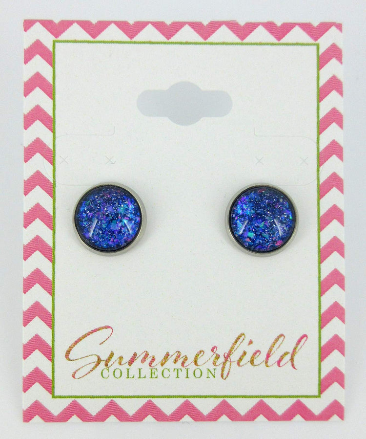 Stainless Steel Blue Purple Pink Glitter Glass Stud Earrings Hand-painted 10mm