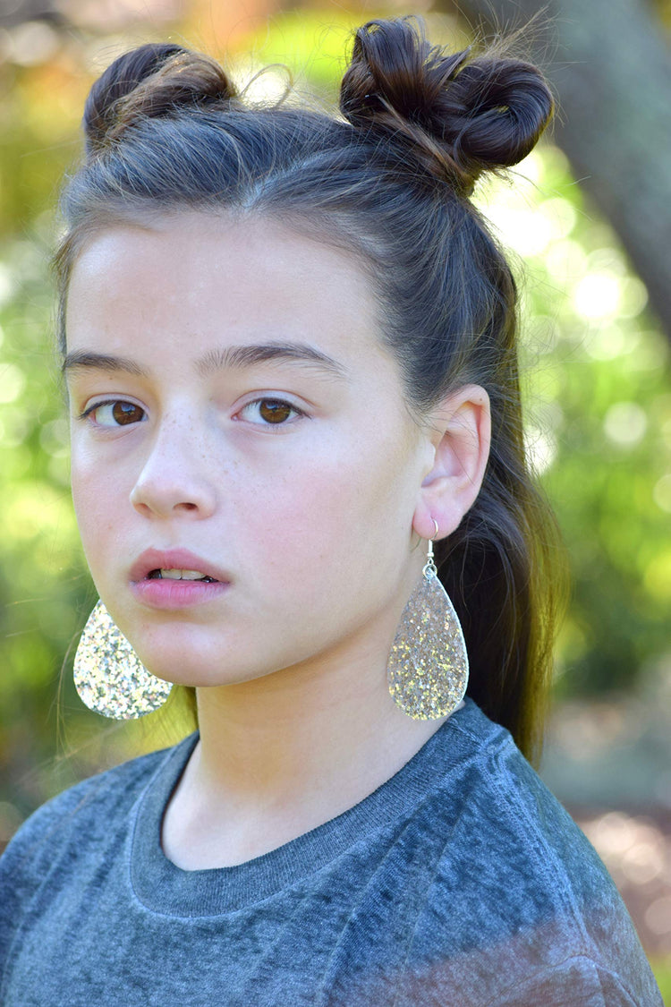 Silver Glitter Faux Leather Large Teardrop Dangle Earrings