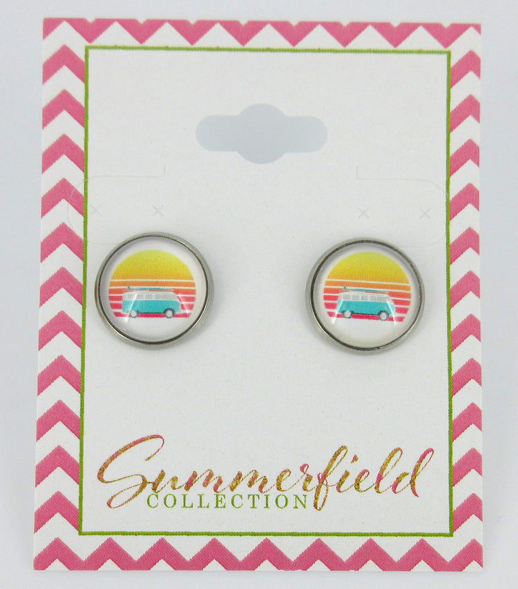 Stainless Steel Vintage Camper Sunset Print Glass Stud Earrings 12mm