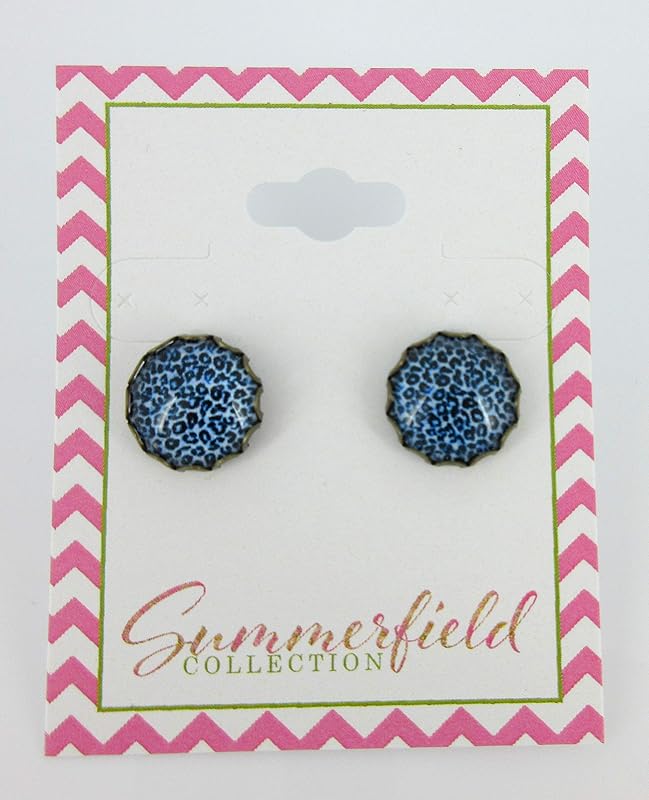 Summerfield Collection Antiqued Gold-tone Animal Print Glass Stud Earrings 12mm (Med Blue)