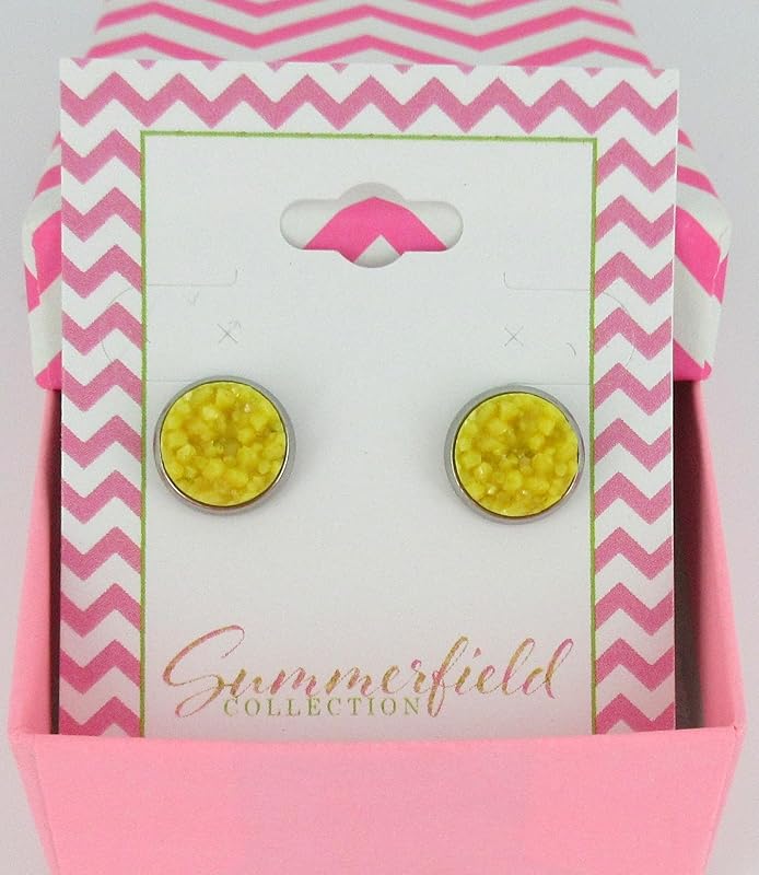 Summerfield Collection Stainless Steel Matte Faux Druzy Stone Stud Earrings 10mm (Mustard Yellow)