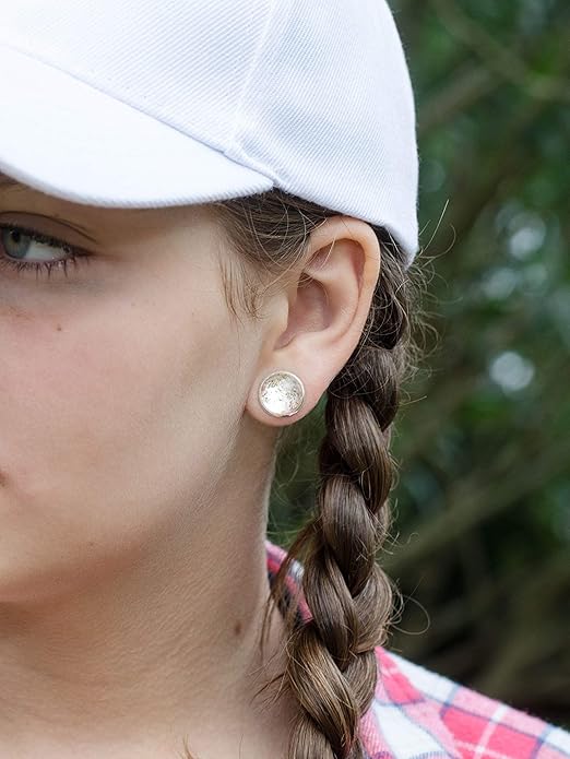 Silver-tone Pink and Gold Shimmer Glitter Glass Stud Earrings Hand-painted 12mm