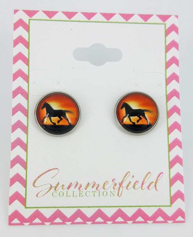 Summerfield Collection Stainless Steel Sunset Horse Print Glass Stud Earrings 12mm