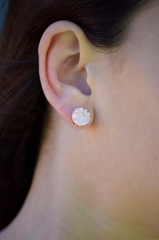 Summerfield Collection Rose Gold-tone Clear Light Pink AB Faux Druzy Stone Stud Earrings 10mm
