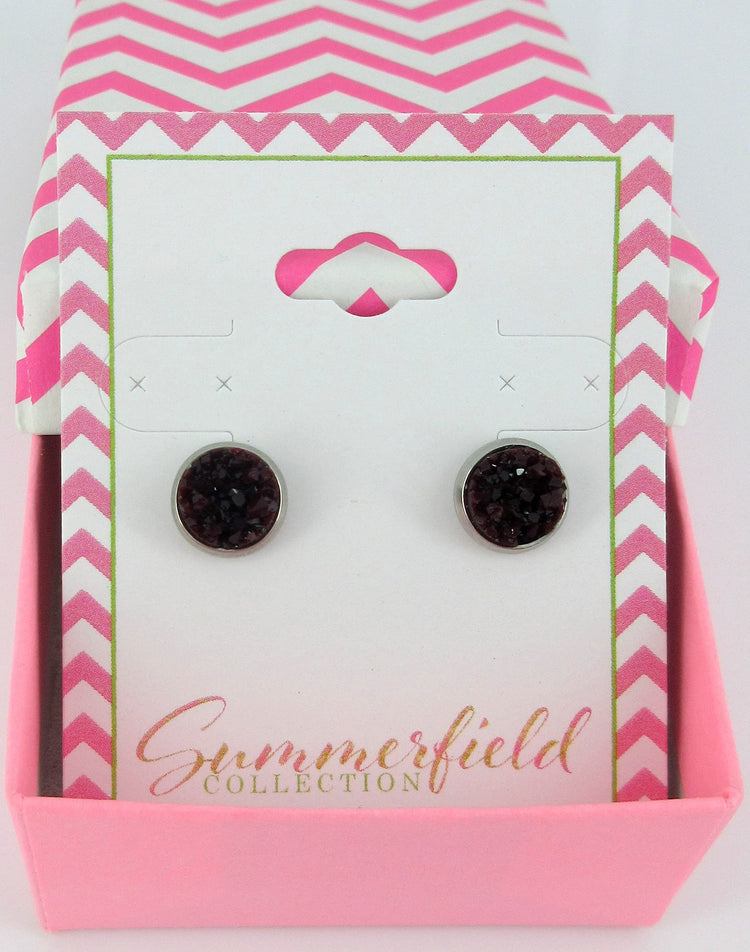 Stainless Steel Glitter Faux Druzy Stone Stud Earrings 8mm (Black Cherry)