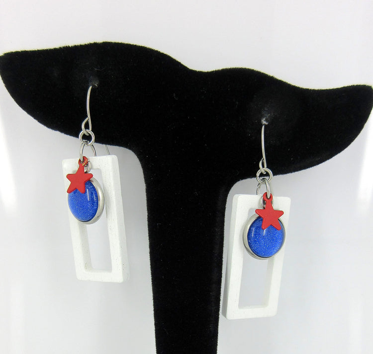 Stainless Steel Patriotic Glass Star Charm Rectangle Wood Dangle Earrings Hand-painted