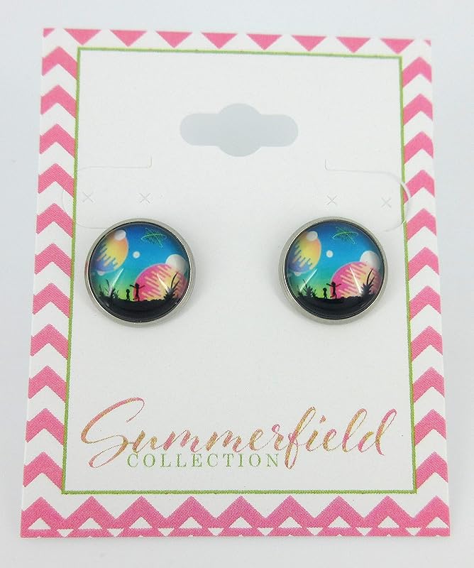 Summerfield Collection Stainless Steel Night Sky Planet Alien UFO Scene Print Glass Stud Earrings 12mm