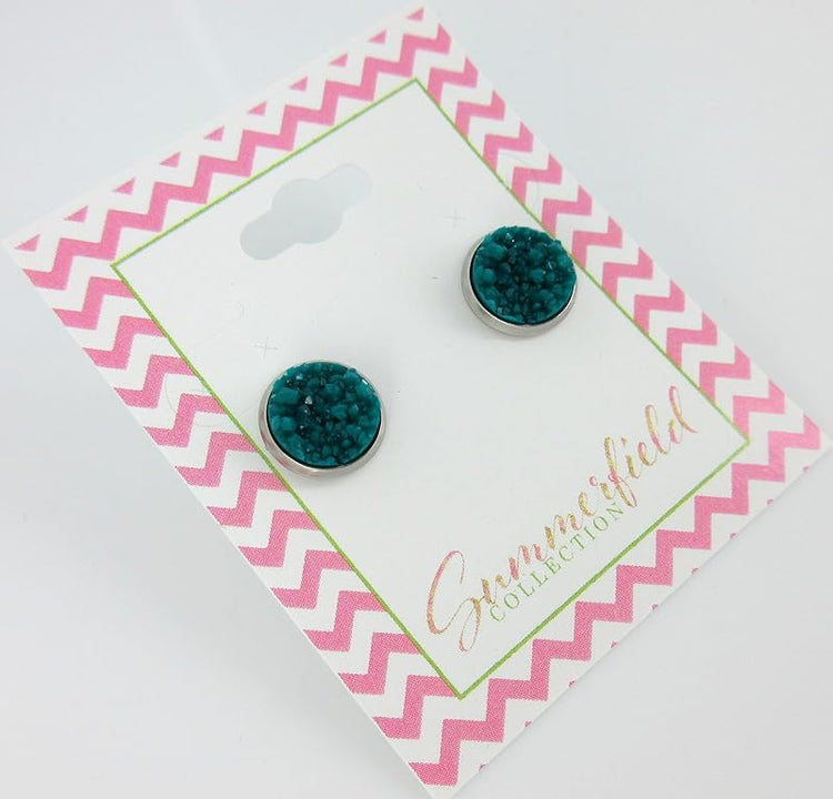 Summerfield Collection Silver-tone Faux Druzy Stone Stud Earrings 10mm (Teal Blue/Green)