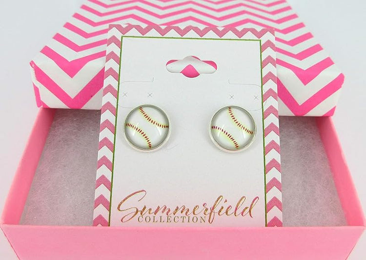 Summerfield Collection Silver-tone Baseball Print Glass Stud Earrings 12mm