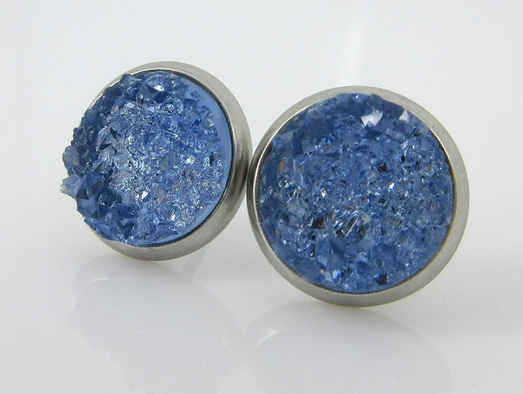 Summerfield Collection Stainless Steel Glacier Blue Faux Druzy Stone Stud Earrings (10mm)