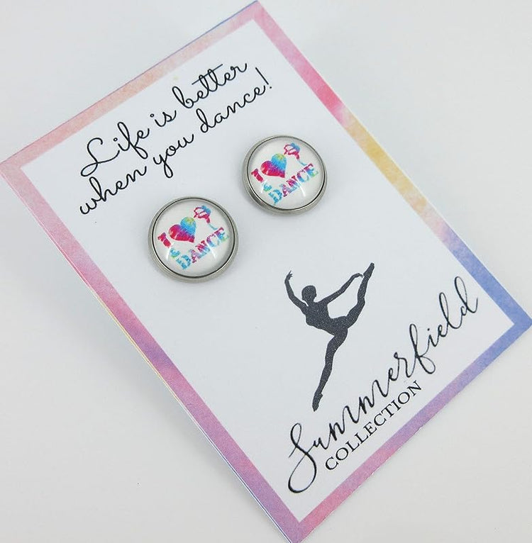 Summerfield Collection Stainless Steel I Heart Dance Print Glass Stud Earrings 12mm (I Heart Dance)