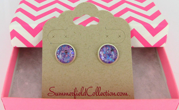 Silver-tone Purple Unicorn Mix Glitter Glass Stud Earrings Hand-painted 10mm