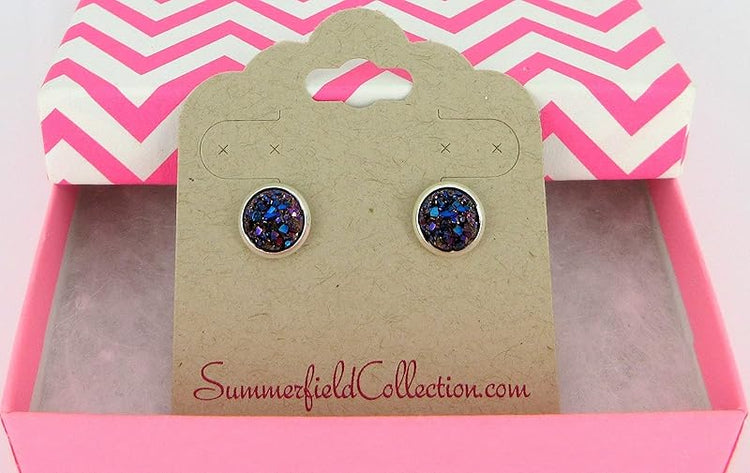 Summerfield Collection Silver-tone Metallic Faux Druzy Stone Stud Earrings 8mm (Blue/Purple)