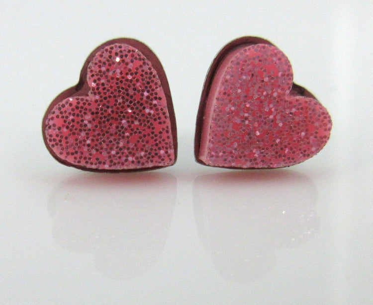 Stainless Steel Bubblegum Pink Glitter Acrylic Heart Stud Earrings 8mm