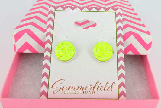 Silver-tone Neon Yellow AB Faux Druzy Stone Stud Earrings