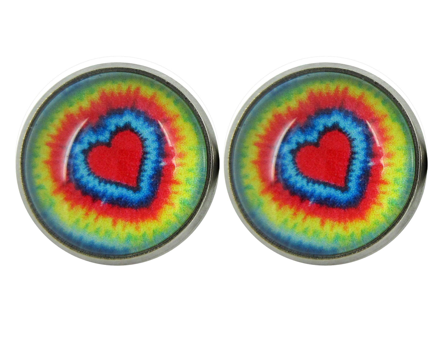 Stainless Steel Heart Tie Dye Print Glass Stud Earrings 12mm