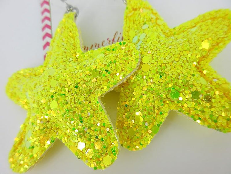 Summerfield Collection Stainless Steel Pastel Glitter Faux Leather Large Puffy Star Dangle Earrings (Bold Yellow)