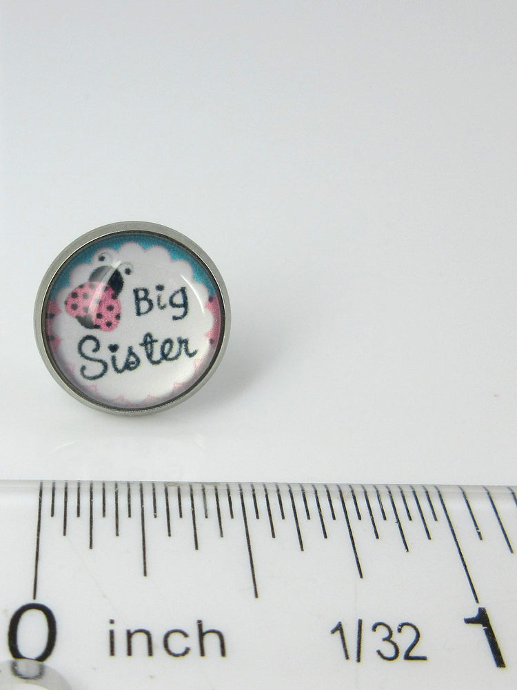 Stainless Steel Sister Print Glass Stud Earrings 12mm (Big Sister)