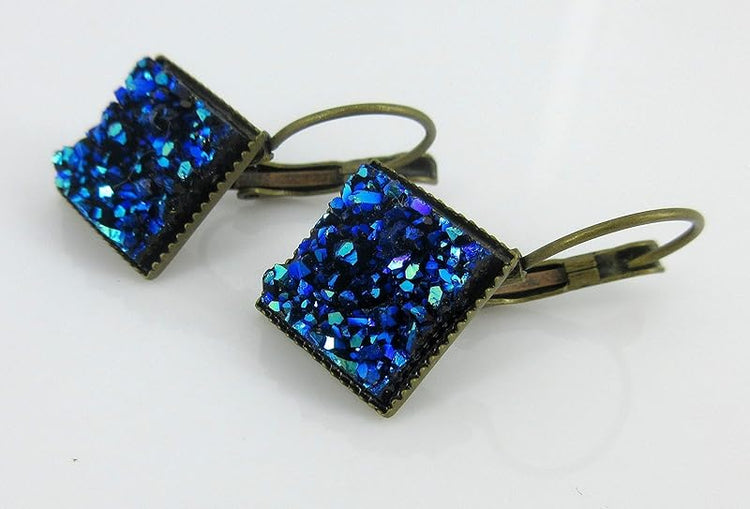 Summerfield Collection Antiqued Gold-tone Geometric Square Faux Druzy Stone Lever-back Drop Earrings (Blue Metallic)