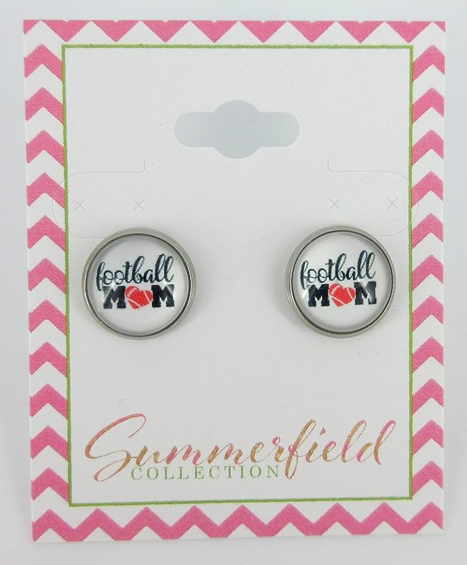 Summerfield Collection Stainless Steel Football Mom Print Glass Stud Earrings 12mm