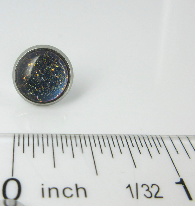 Stainless Steel Blue Purple Gray Glitter Glass Stud Earrings Hand-painted 10mm
