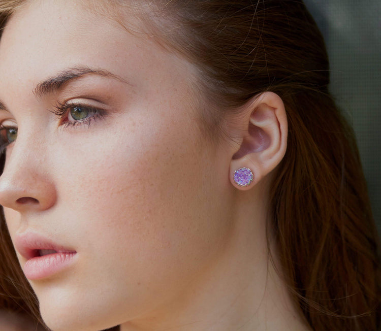 Silver-tone Purple AB Faux Druzy Stone Stud Earrings 10mm