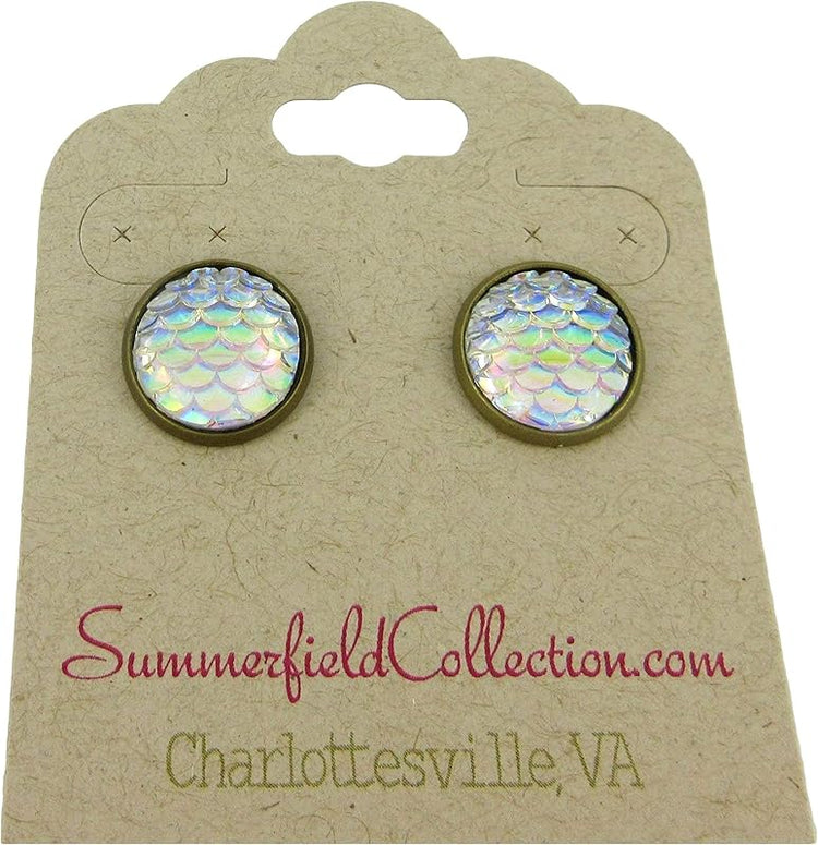 Summerfield Collection Antiqued Gold-tone Metallic Mermaid Scale Stud Earrings 12mm (Clear AB)