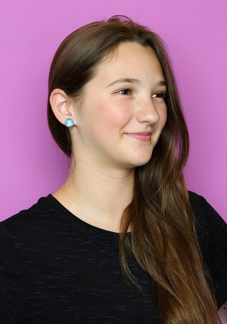 Stainless Steel Good Vibes Print Glass Stud Earrings 12mm (Blue Sky)