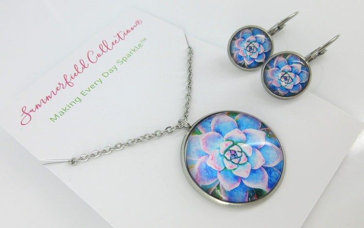 Stainless Steel Succulent Printed Glass Necklace Drop Earrings Set (Blue/Pink)