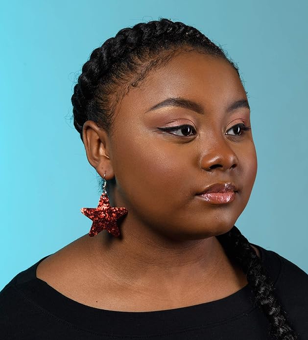 Glitter Faux Leather Large Star Dangle Earrings (Red)