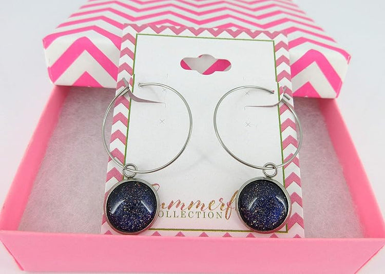 Summerfield Collection Stainless Steel Dark Purple and Gold Glitter Glass Charm Hoop Earrings Hand-painted 1"