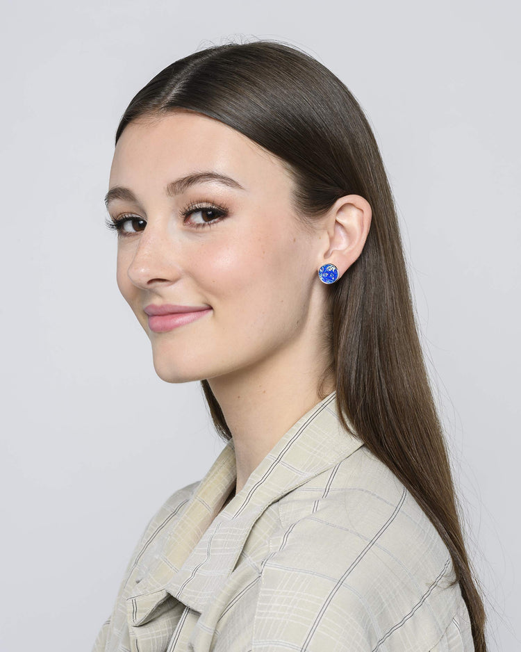 Silver-tone Frosted Flower Metallic Rainbow Stud Earrings 12mm (Royal Blue)