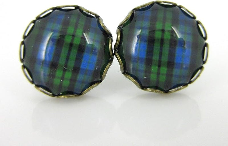 Summerfield Collection Antiqued Gold-tone Trio Plaid Print Glass Stud Earrings 12mm Set