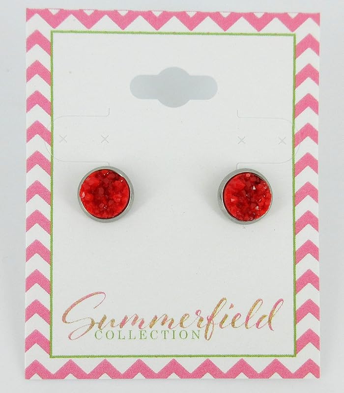 Summerfield Collection Stainless Steel Matte Faux Druzy Stone Stud Earrings 8mm (Classic Red)