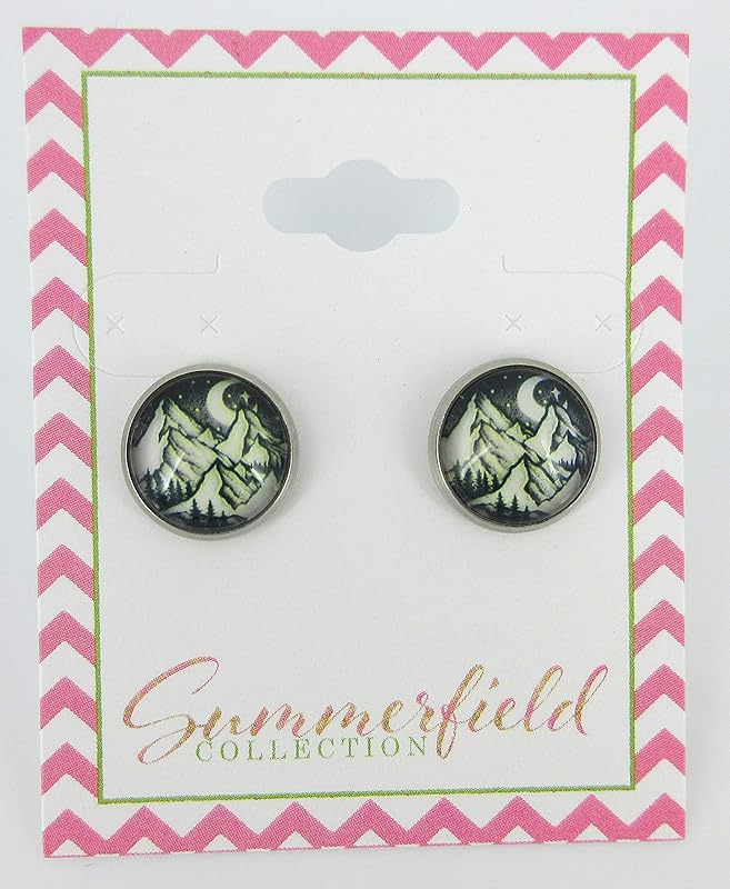 Summerfield Collection Stainless Steel Night Sky Moon Stars Snowy Mountain Print Glass Stud Earrings 12mm Black White Yellow