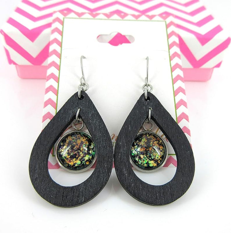 Summerfield Collection Stainless Steel Glitter Glass Charm Black Teardrop Wood Dangle Earrings Hand-painted