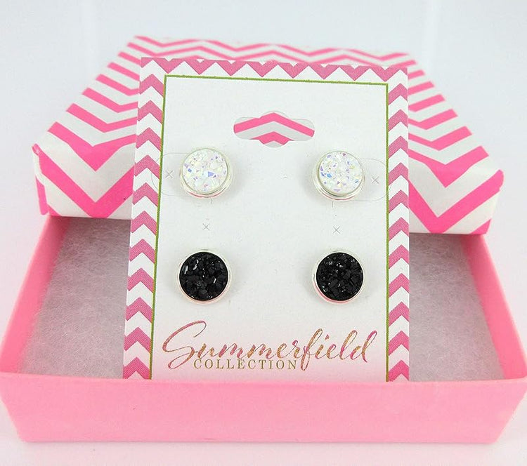 Summerfield Collection Duo Silver-tone Faux Druzy Stone Stud Earrings 8mm Set (White AB/Black)
