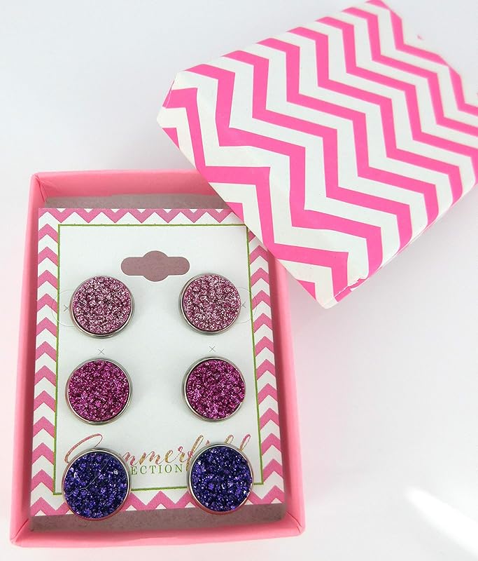 Summerfield Collection Trio Stainless Steel Glitter Faux Druzy Stone Stud Earrings Set 12mm (Pink/Purple)