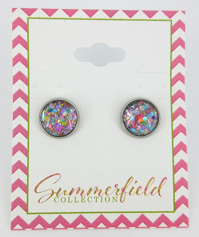 Summerfield Collection Stainless Steel Metallic Pastel Glitter Glass Stud Earrings Hand-painted 10mm