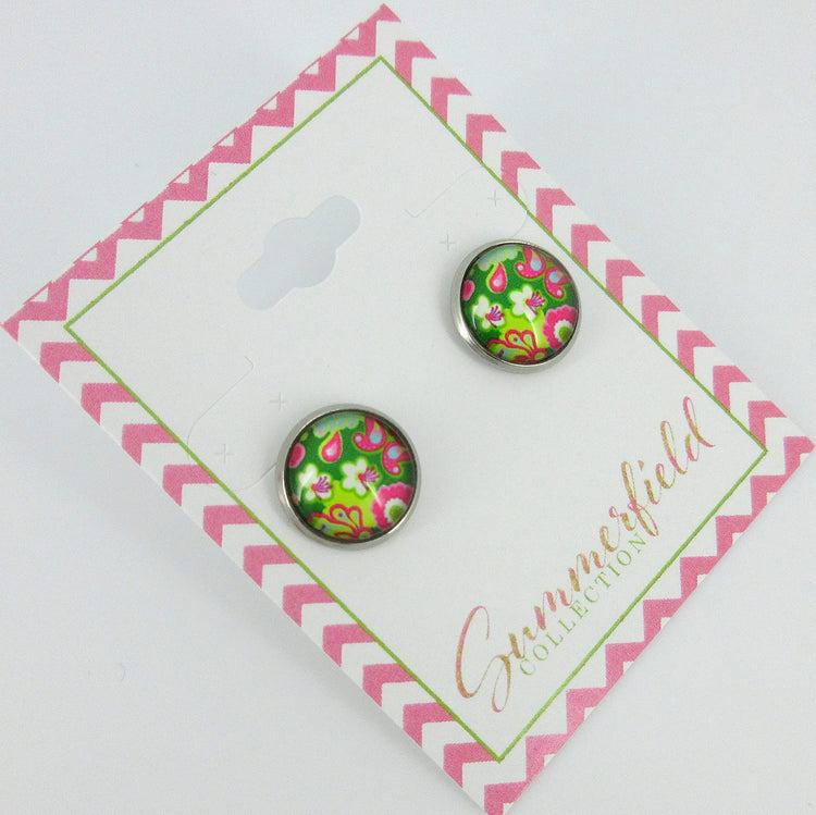 Stainless Steel Green and Pink Flower Paisley Print Glass Stud Earrings 12mm Vintage Vibe