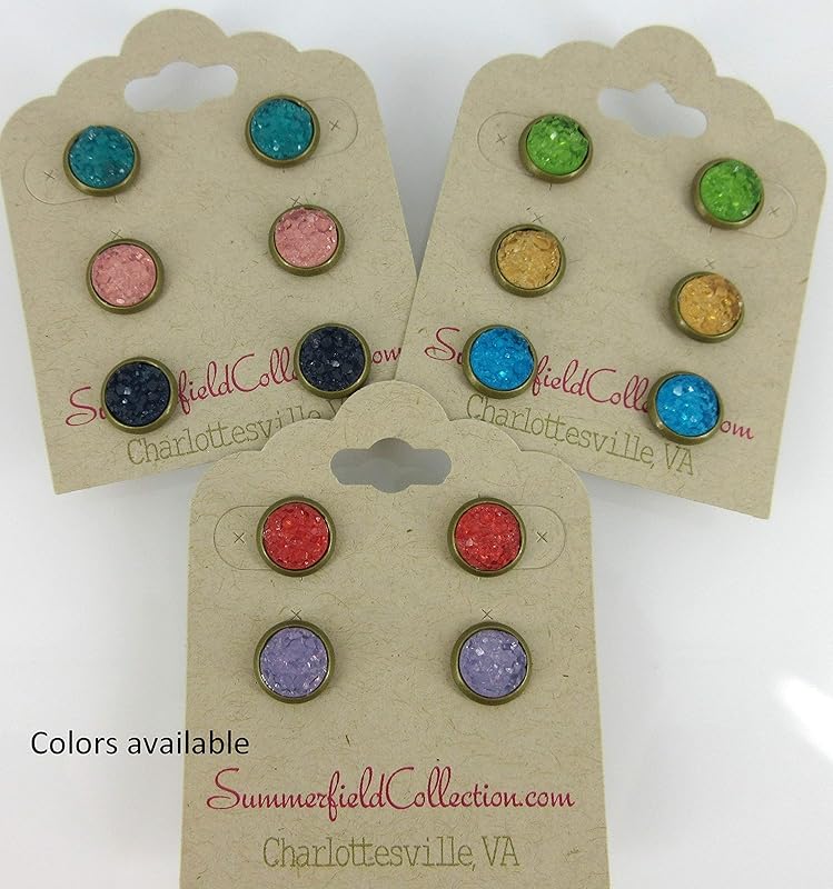 Summerfield Collection Trio Antiqued Gold-tone Stud Earrings 8mm Faux Druzy Stone Set (Green/Yellow/Blue)