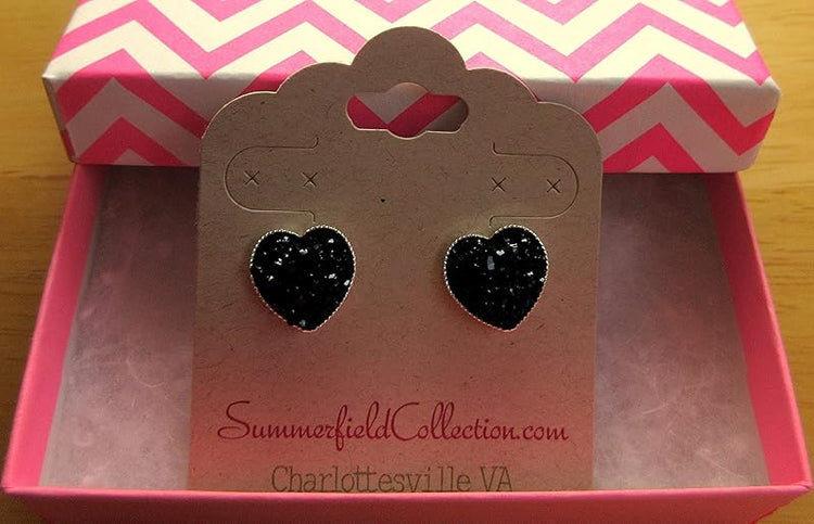 Summerfield Collection Silver-tone Heart Faux Druzy Stone Stud Earrings 12mm (Black)