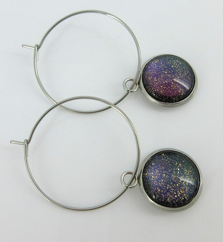 Summerfield Collection Stainless Steel Blue Purple Gray Glitter Glass Charm Hoop Earrings Hand-painted 1"